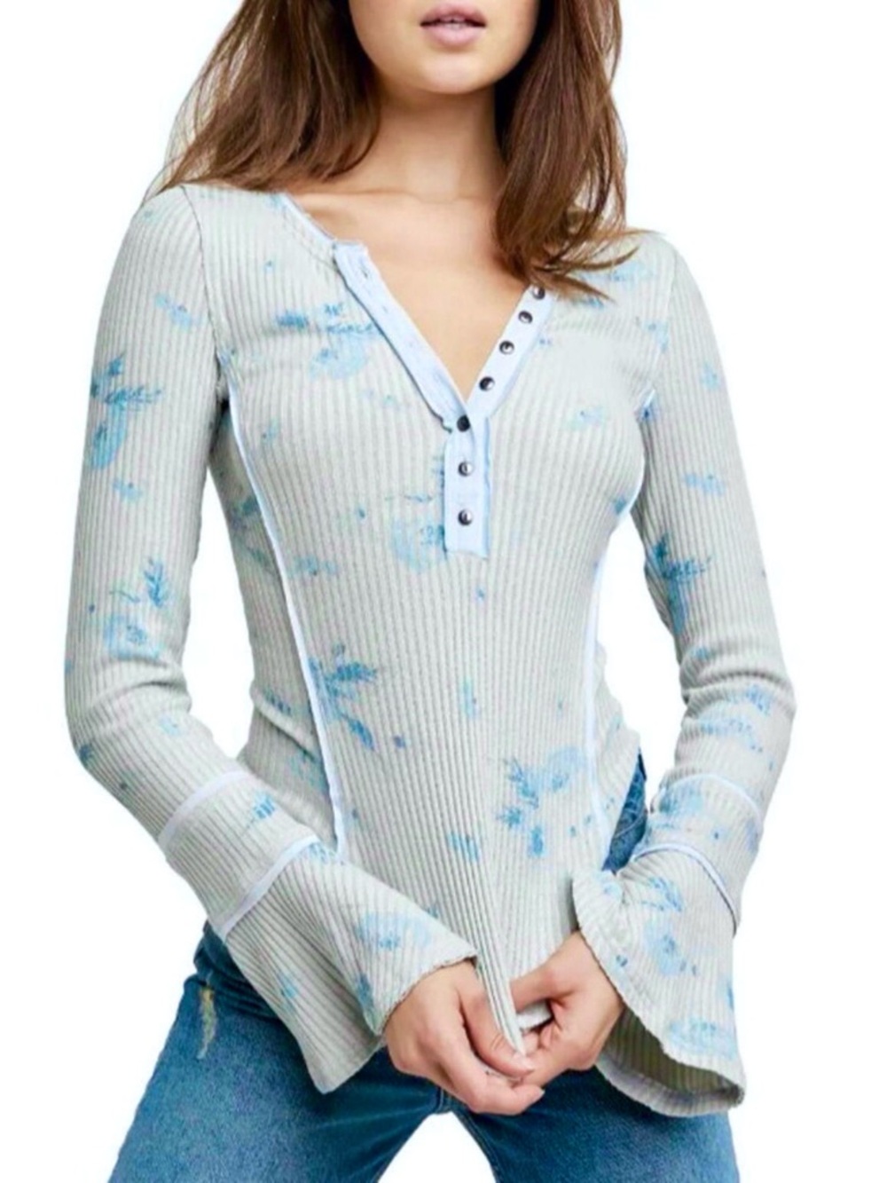 Free People Boho Top Layer Bell Sleeves Floral Print  Split Neck Stretch